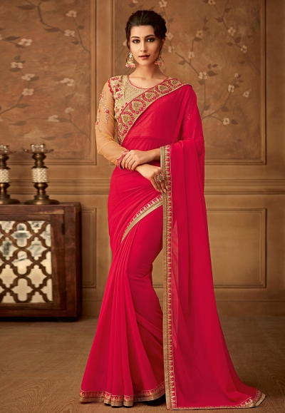 Magenta georgette embroidered saree with blouse  512